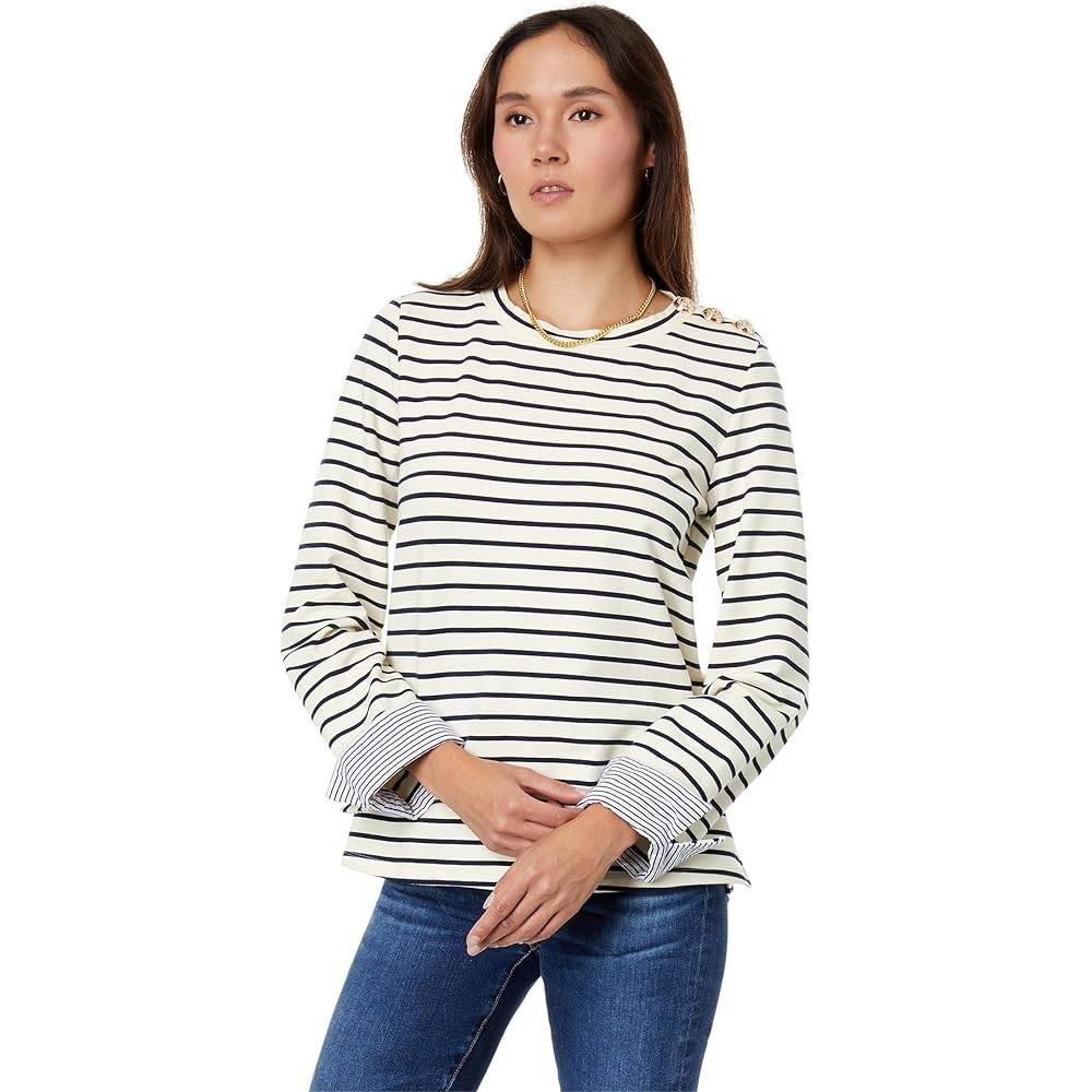 English Factory Breton Striped Long Sleeve Top with Gold Buttons Cream Navy S - Picture 12 of 12